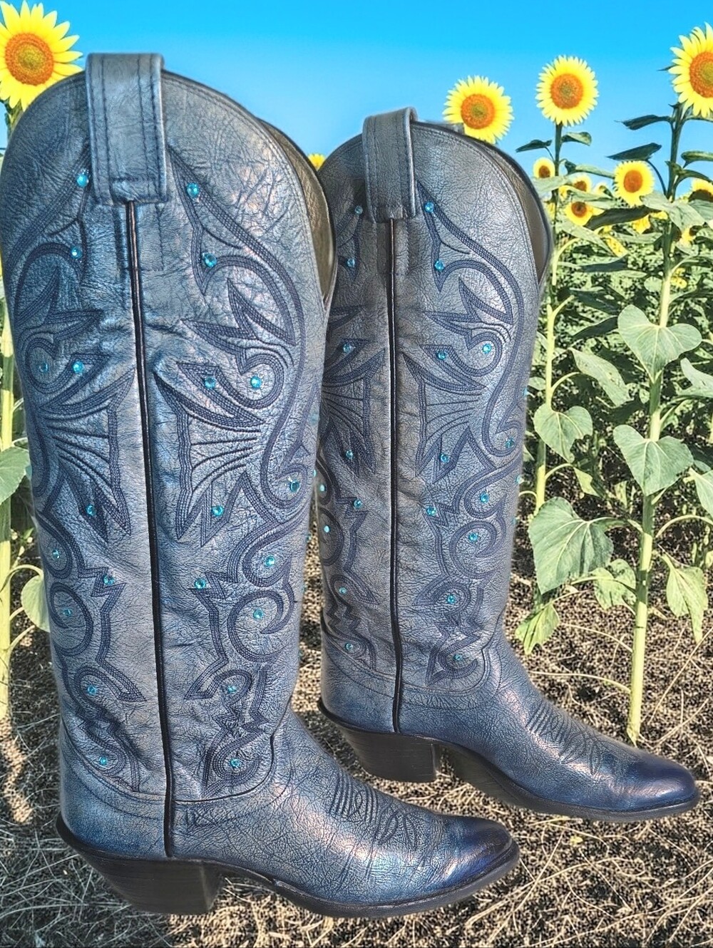 Custom Olathe Leather Knee High Western Boots, Denim Blue With Rhinestones, 7A